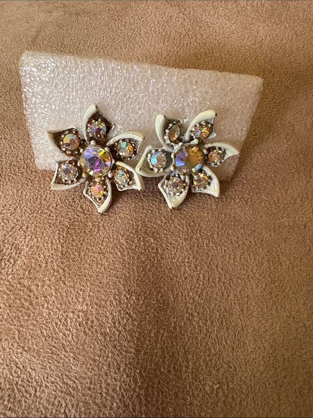 Aurora Crystal Flower Clip-On Earrings - White and Iridescent-Vintage